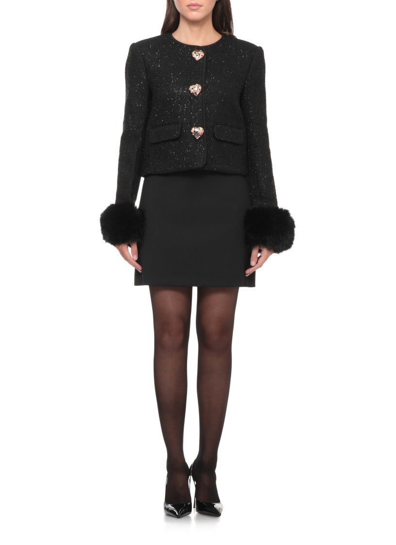 Self-Portrait Cropped Black Jacket With Hidden Closure And Decorative Heart Buttons