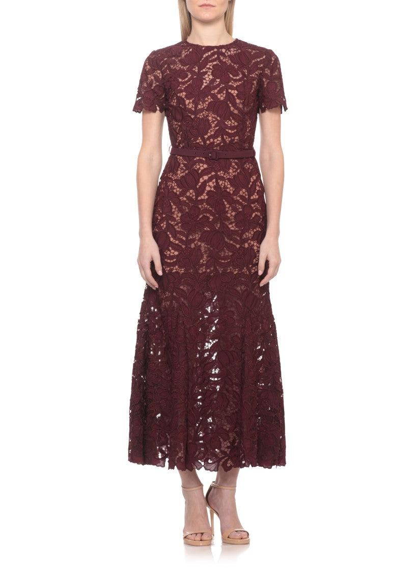 Self-Portrait Floral Lace Midi Dress With Matching Belt And Petticoat