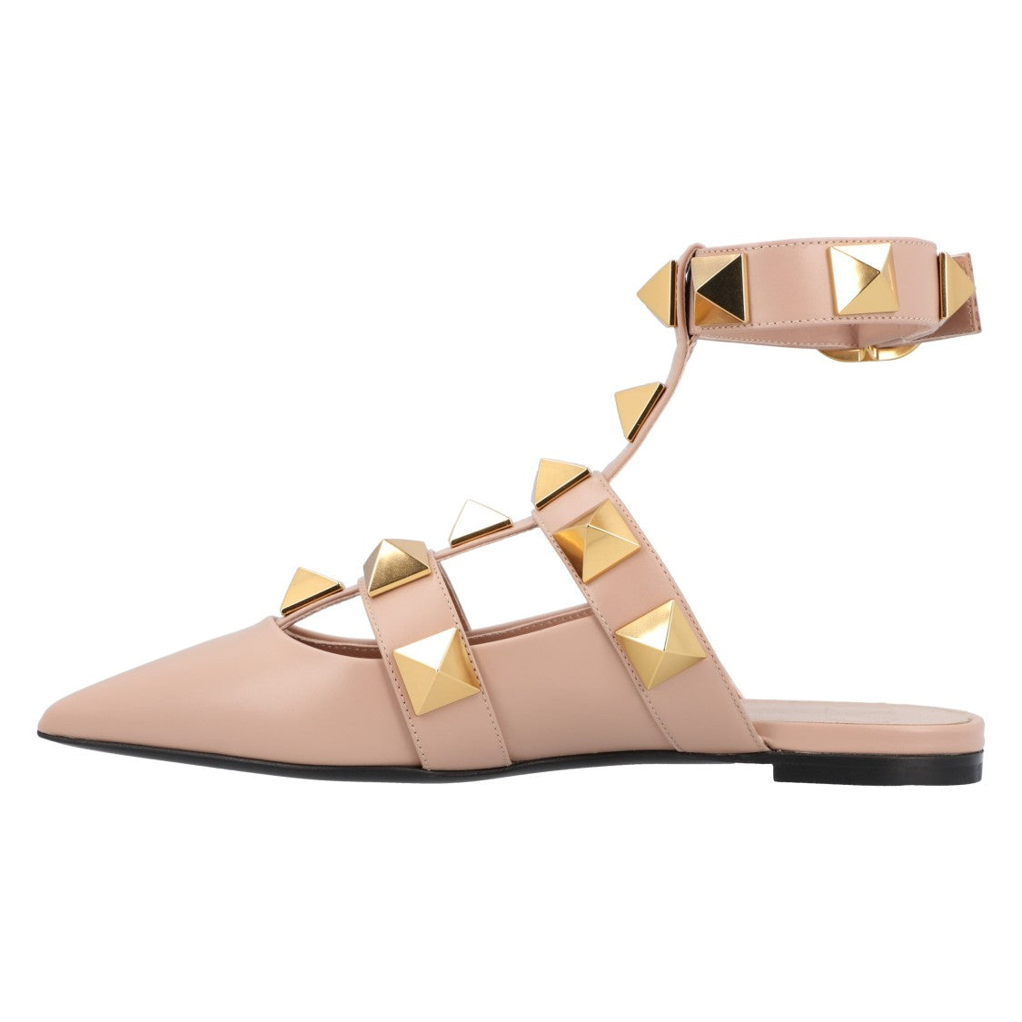 Valentino Pointed Toe Ballerinas With Roman Stud Rivets And Ankle Strap