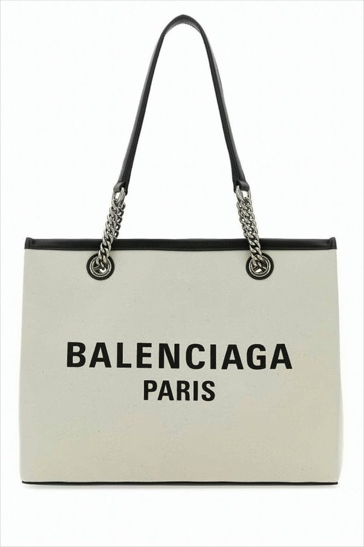 Balenciaga Canvas Tote Bag With Black Leather Trim And Chain Details