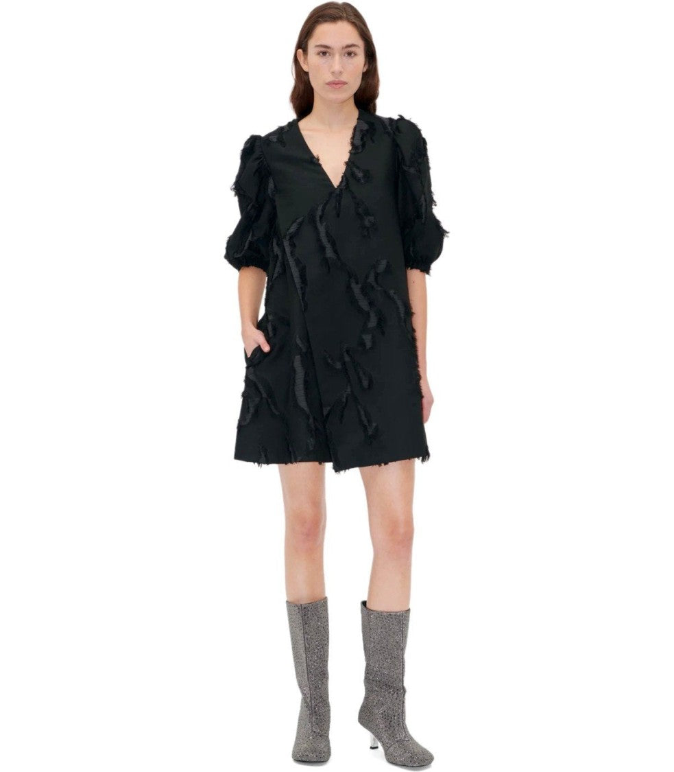 Stine Goya V-Neck Mini Dress With Frayed Applications And Balloon Sleeves