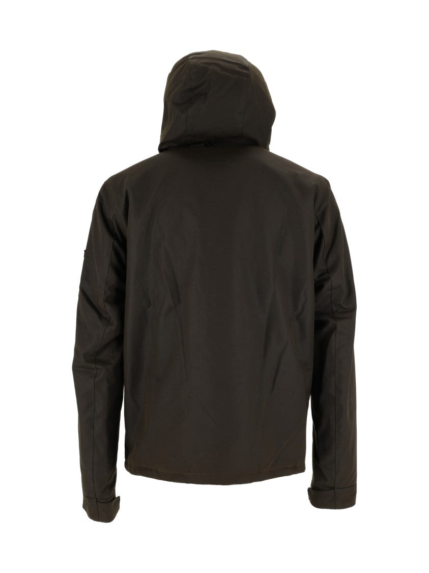 Barbour Brown Waxed Cotton Jacket With High Collar And Practical Design