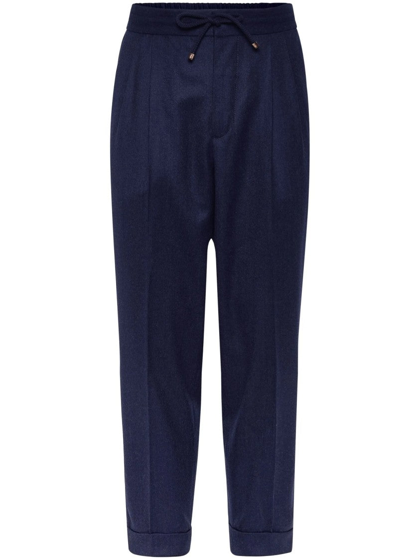Brunello Cucinelli Blue Wool Relaxed Front Pleated Pants
