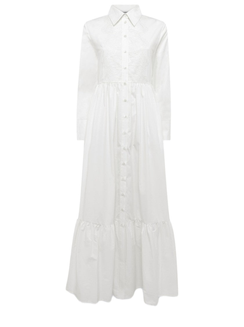 Blugirl Long White Dress With Button-Down Front And Gathered Waistline