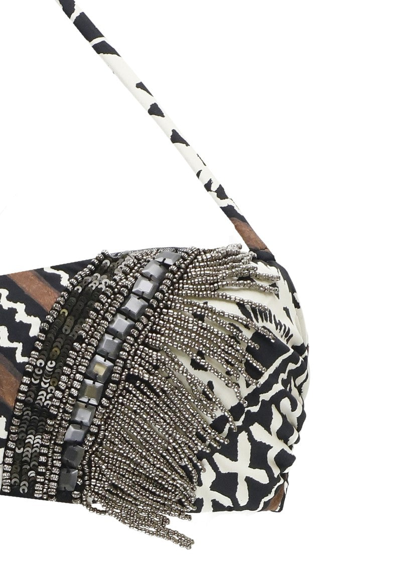 Miss Bikini Bandeau Bikini With Geometric Pattern And Decorative Fringes