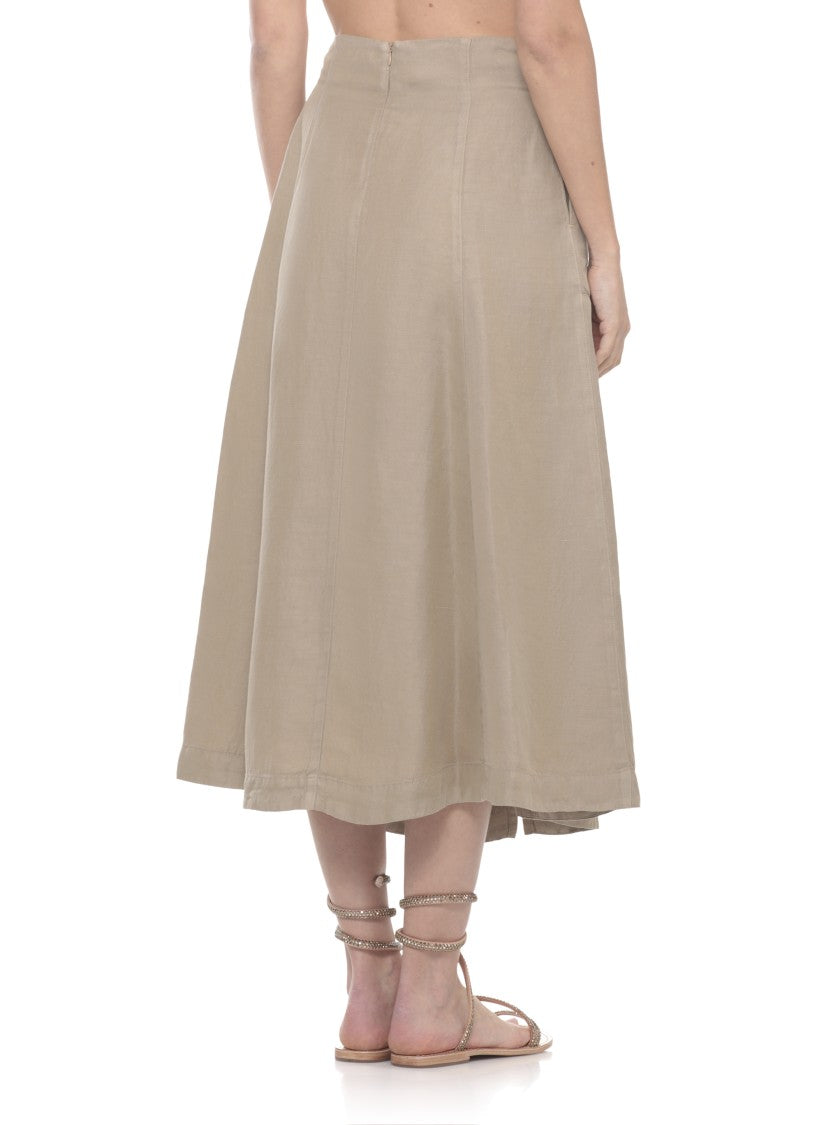 120% Lino Beige Linen Midi Skirt With Flared Silhouette And Detailed Seams