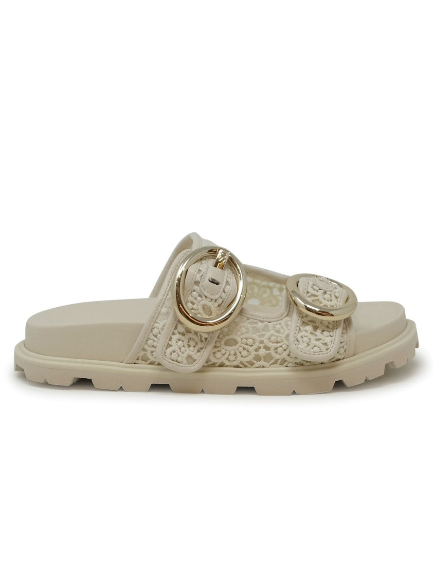 Stuart Weitzman Ivory Lace Benni Sport Slide Sandals