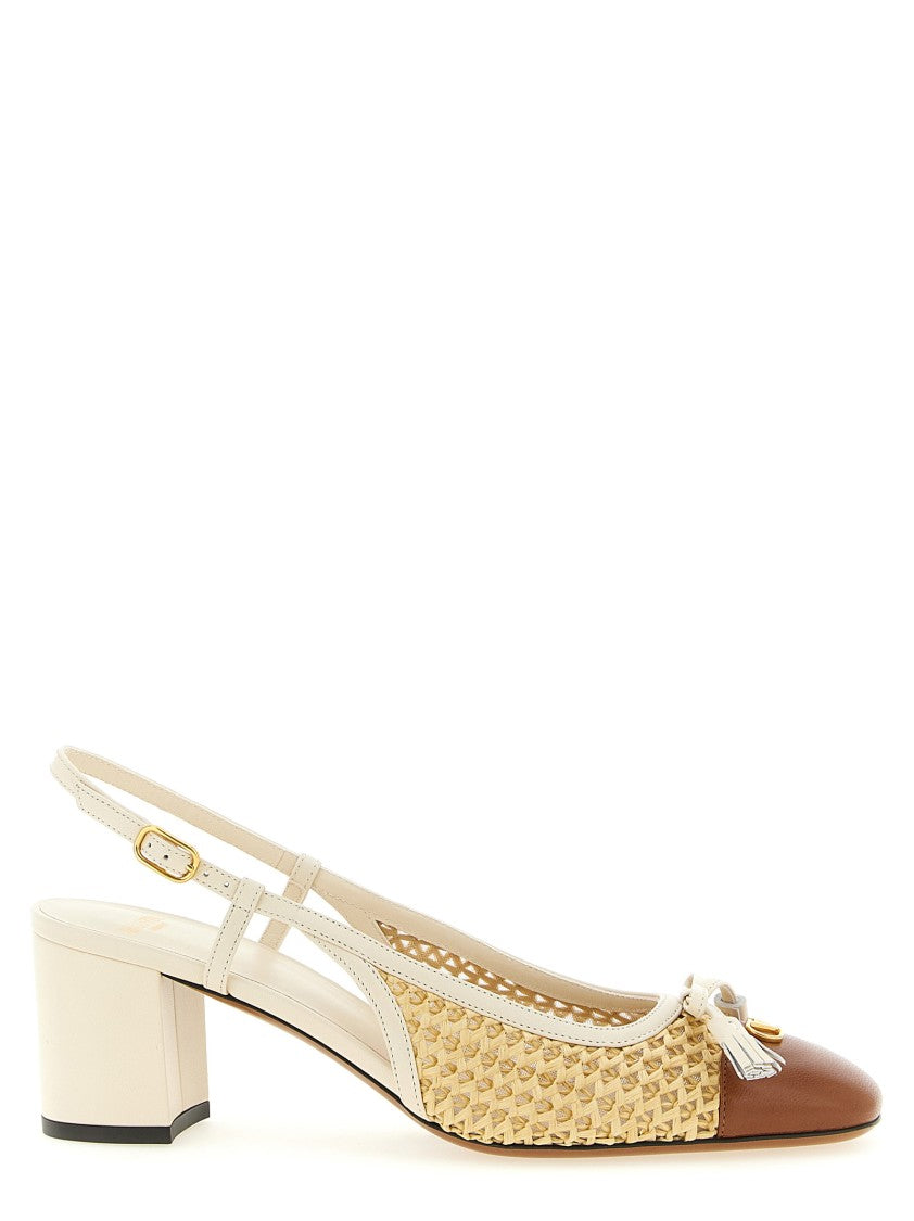 Valentino Garavani Woven Raffia Mesh Slingbacks With Metallic 'Vlogo Signature' And Adjustable Strap