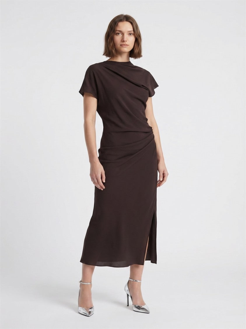Erika Cavallini Brown Alida Asymmetric Scarf Slit Viscose Midi Dress