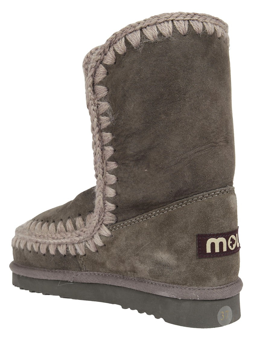 Mou Grey Crochet Wool Stitching Sheepskin Mid-Calf Boots