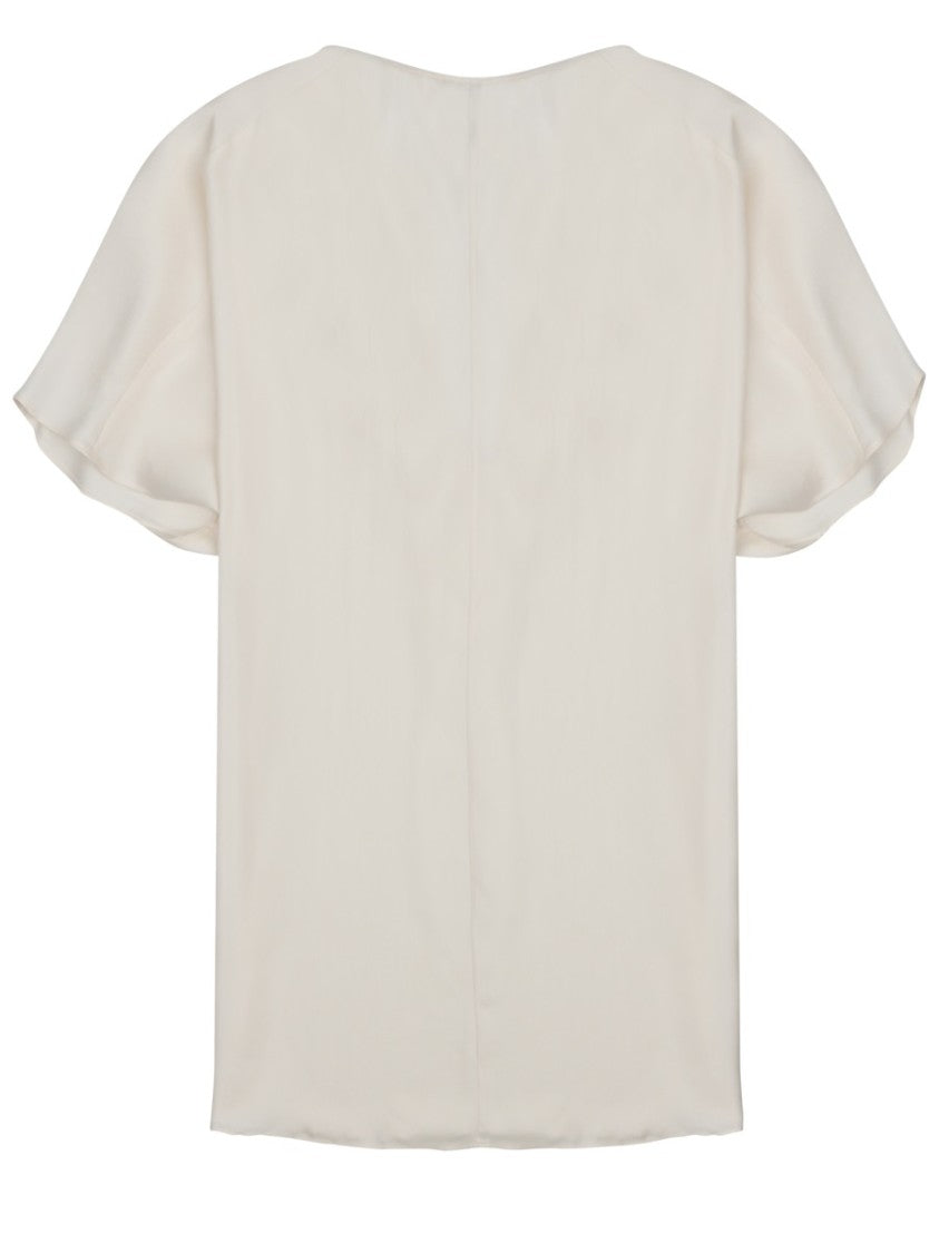 Alysi Neutrals Deep V-Neck Short Sleeves Silk Blouse