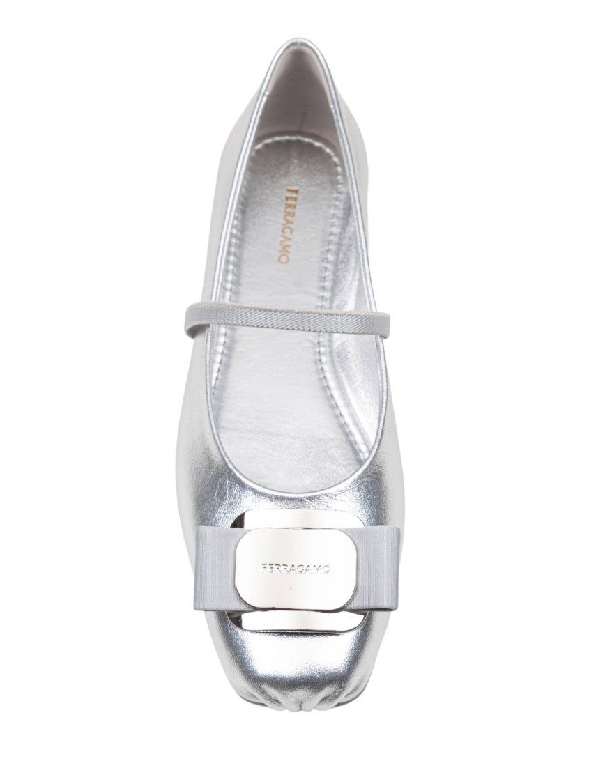 Salvatore Ferragamo Laminated Leather Silver Zina Ballerina