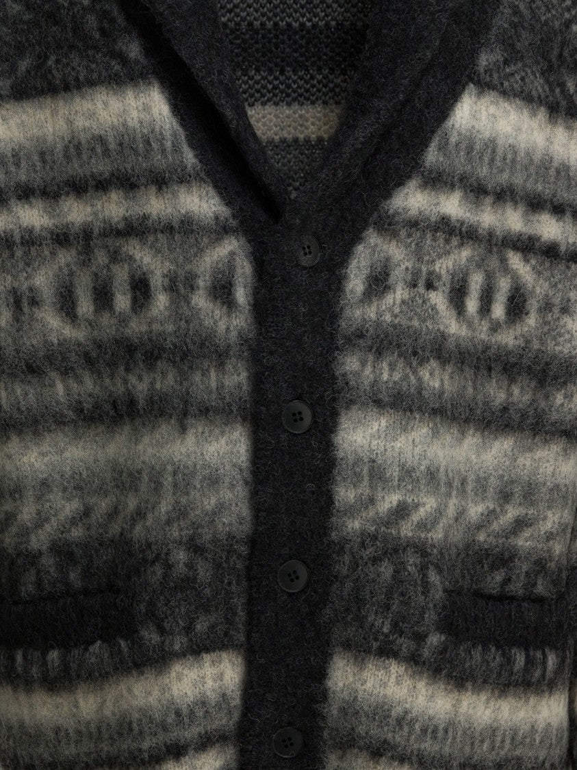 Beams Plus Button-Up Knitwear With Shawl Collar And Geometric Motifs