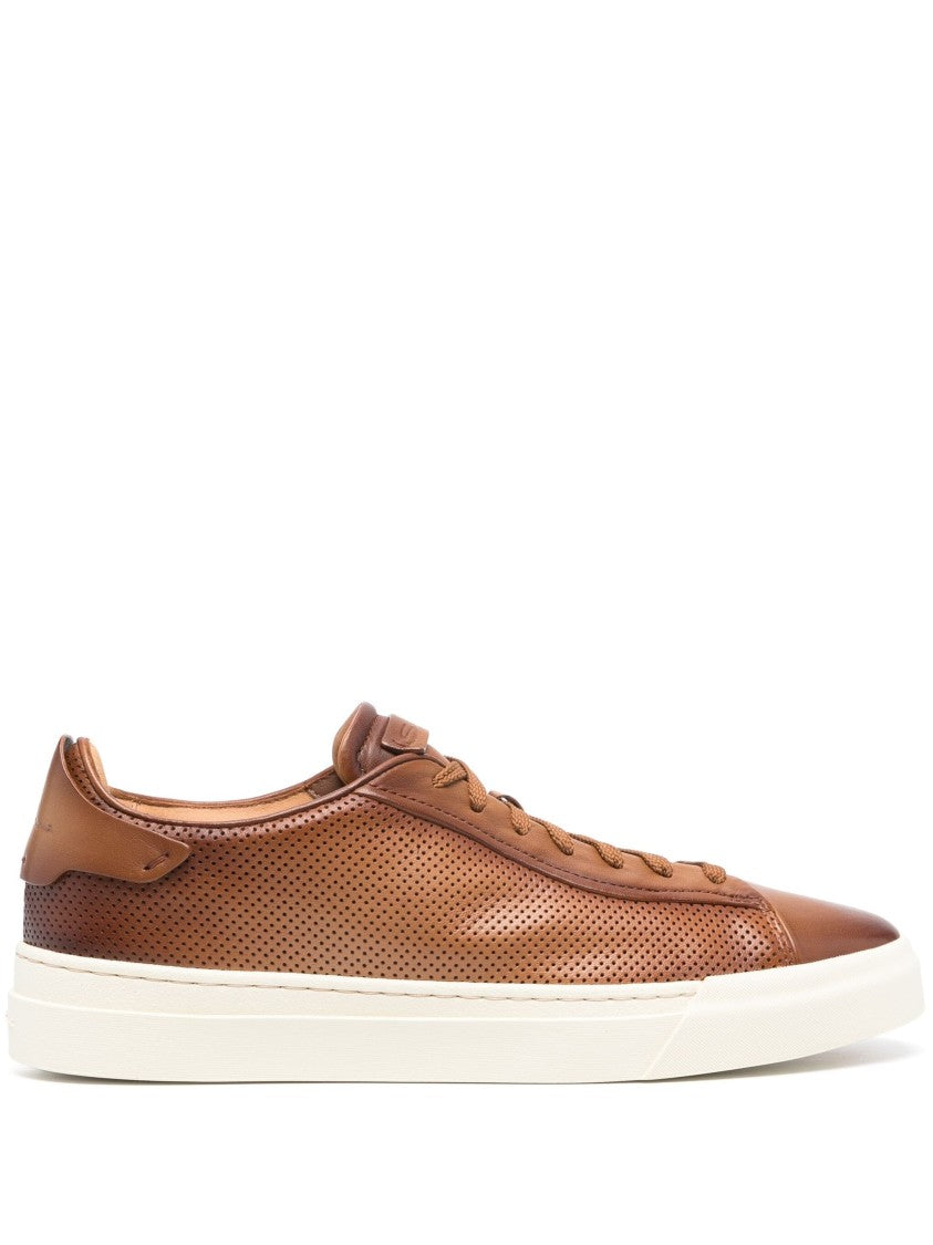Santoni Brown Leather Casual Trainers With Perforated Detailing