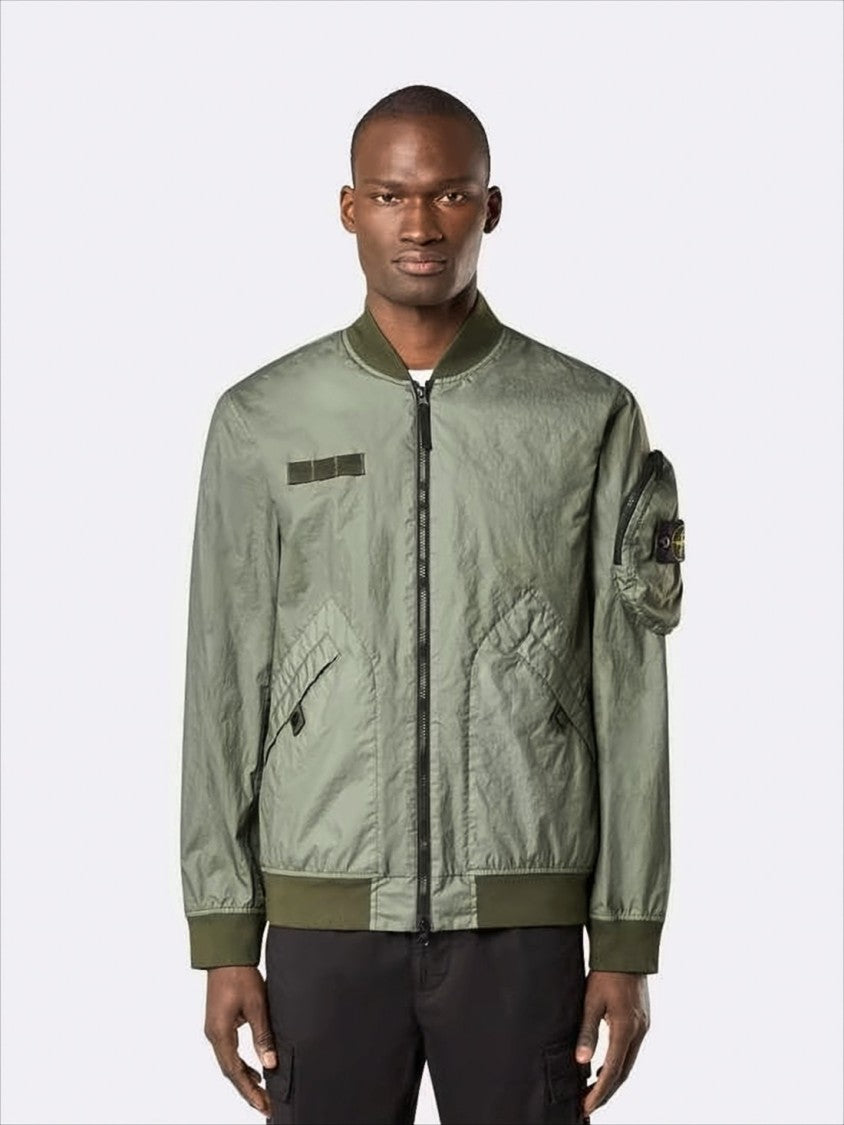 Stone Island Lightweight Crinkled Texture Bomber Jacket With Flap Pockets