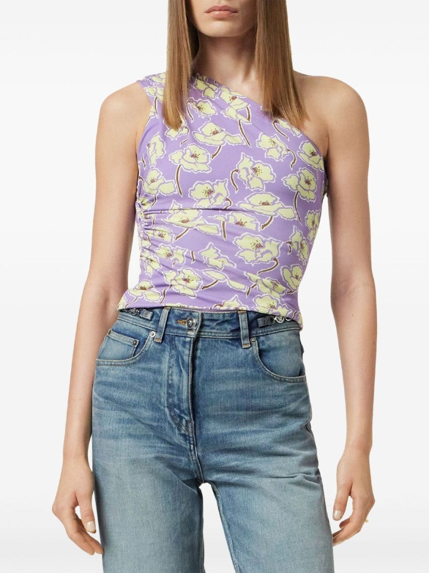 Versace Lilac Purple One-Shoulder Floral Top