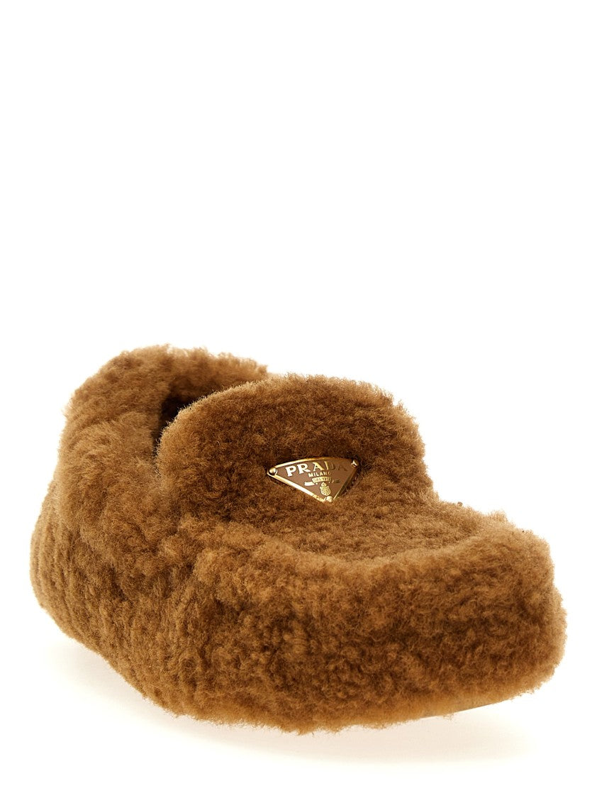 Prada Plush Shearling Loafers With Enameled Logo Detail
