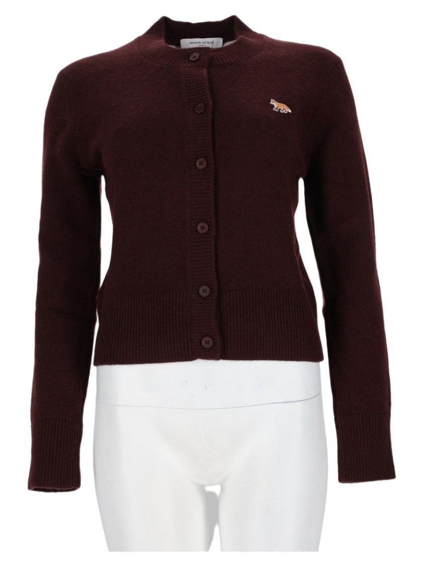 Maison Kitsuné Fitted Brown Wool Cardigan Sweater With Embroidered Logo