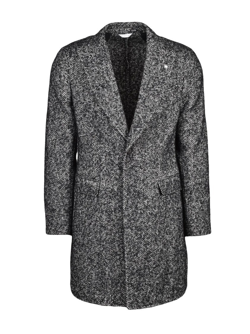 Manuel Ritz White/Black Two-Tone Herringbone Polyester-Blend Coat