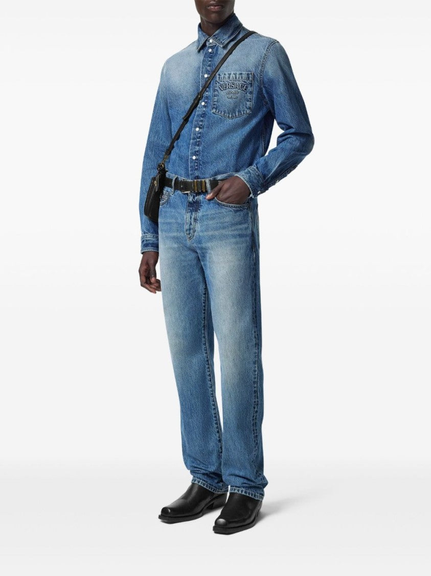 Versace Indigo Blue Washed Denim Shirt With Embossed Logo