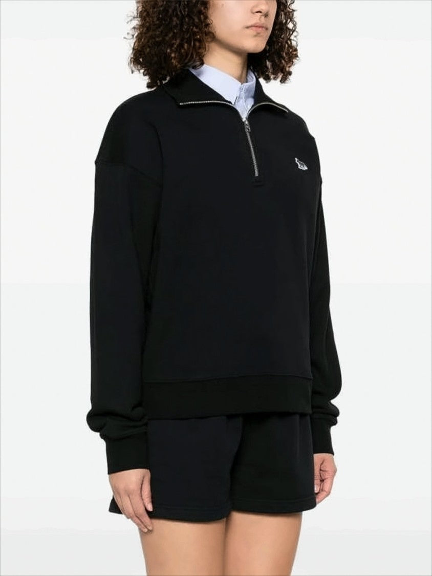 Maison Kitsuné Half-Zip Black Pullover With High Collar And Ribbed Details