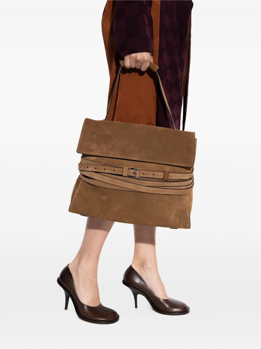 Moschino Brown Large Rectangular Suede Handbag With Belts