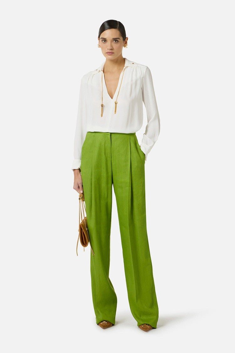 Elisabetta Franchi Ivory V-Neck Gold Chain-Tassel Ties Viscose Blouse
