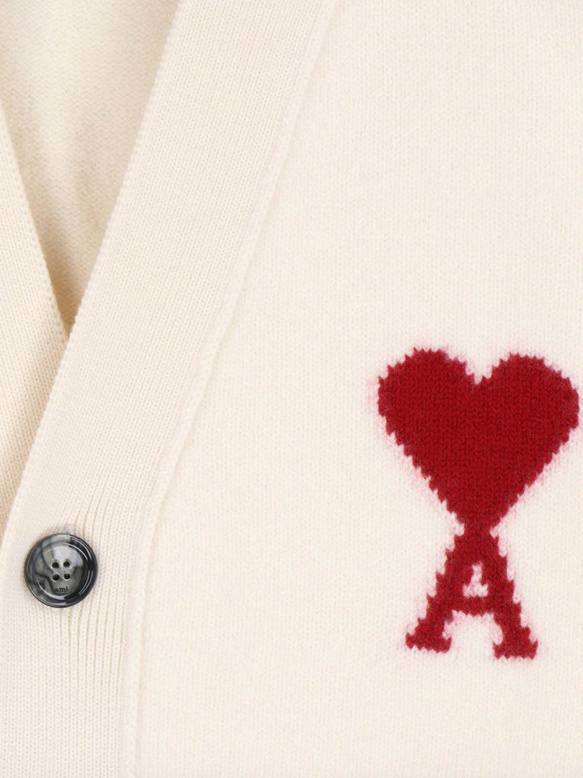 Ami Paris Cream Ami De Coeur Virgin Cardigan