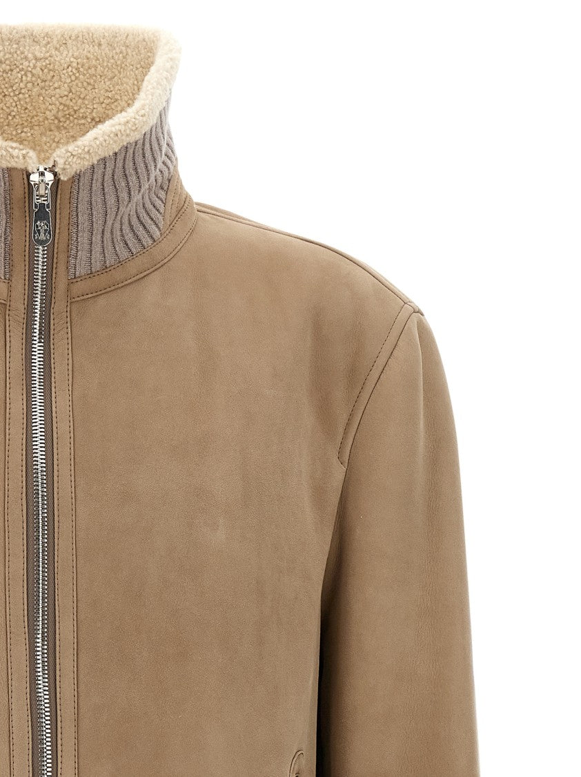 Brunello Cucinelli Suede And Sherling Curly Bomber Jacket
