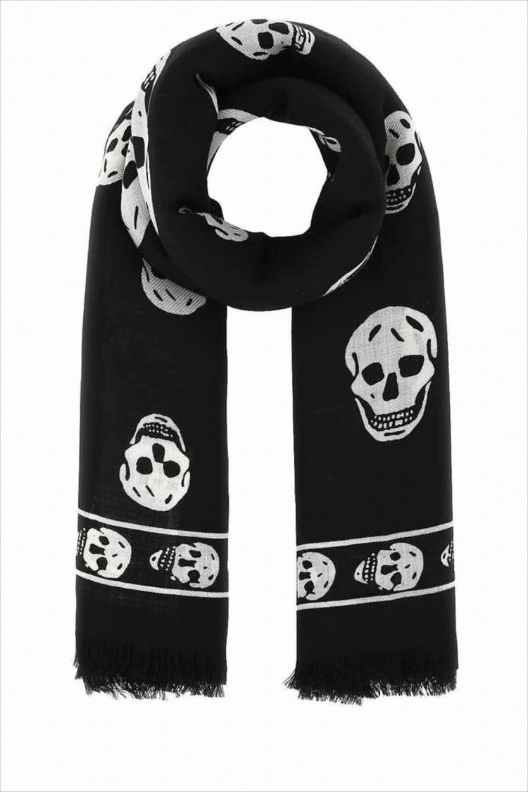 Alexander Mcqueen Rectangular Black Wool Scarf With Skull Motif