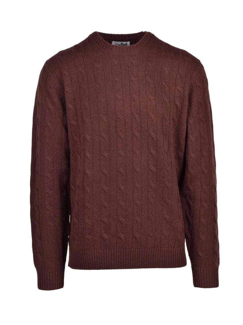 Mc2 Saint Barth Brown Cable-Knit Merino Wool Crewneck Sweater