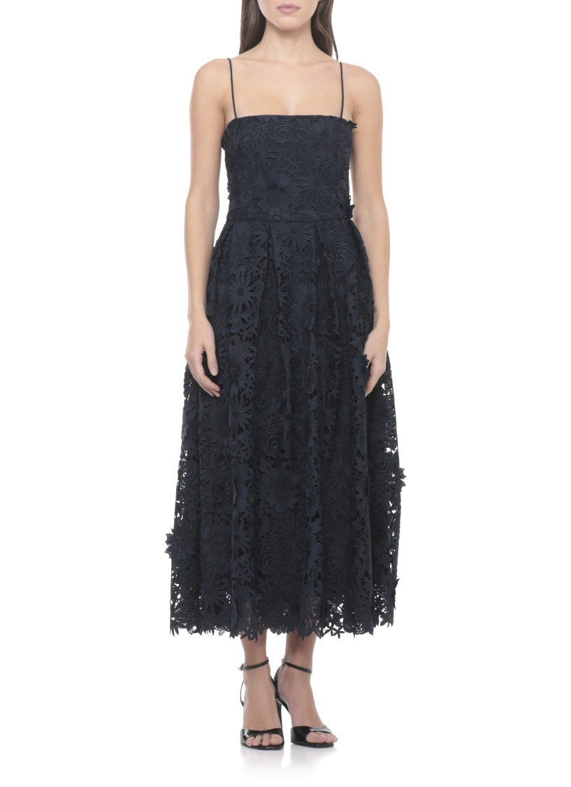 Rotate 3D Floral Lace Flared Midi Dress