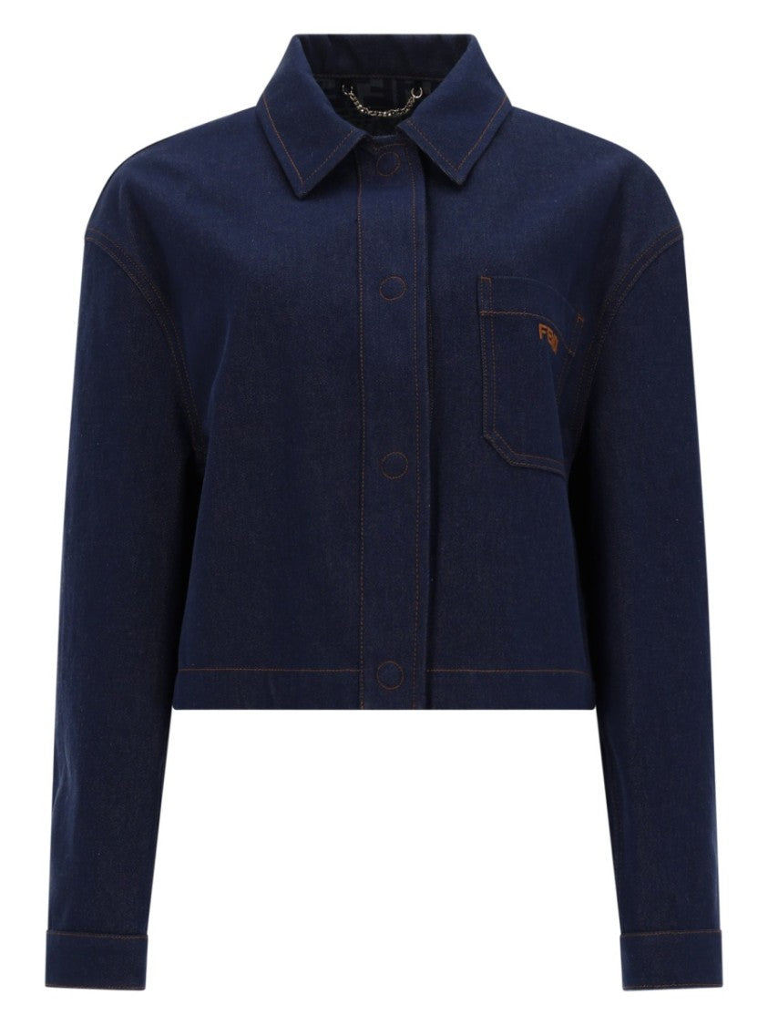 Fendi Cropped Denim Jacket With Embroidered Logo And Classic Detailing