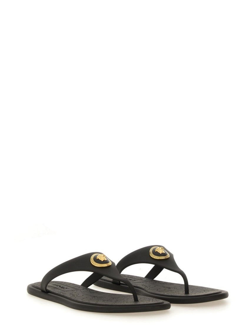 Versace Black Alia Gold Emblem Rubber Sandals