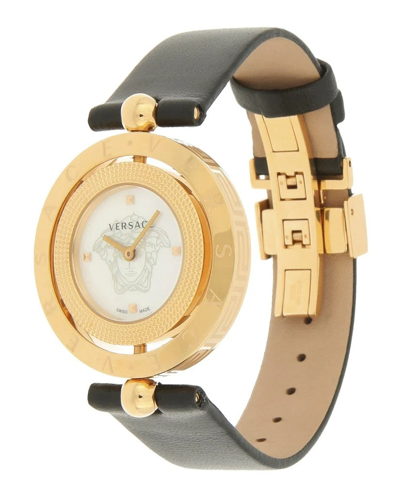 Versace Gold-Tone Stainless Steel Quartz Watch With Nacre Dial And Black Leather Strap