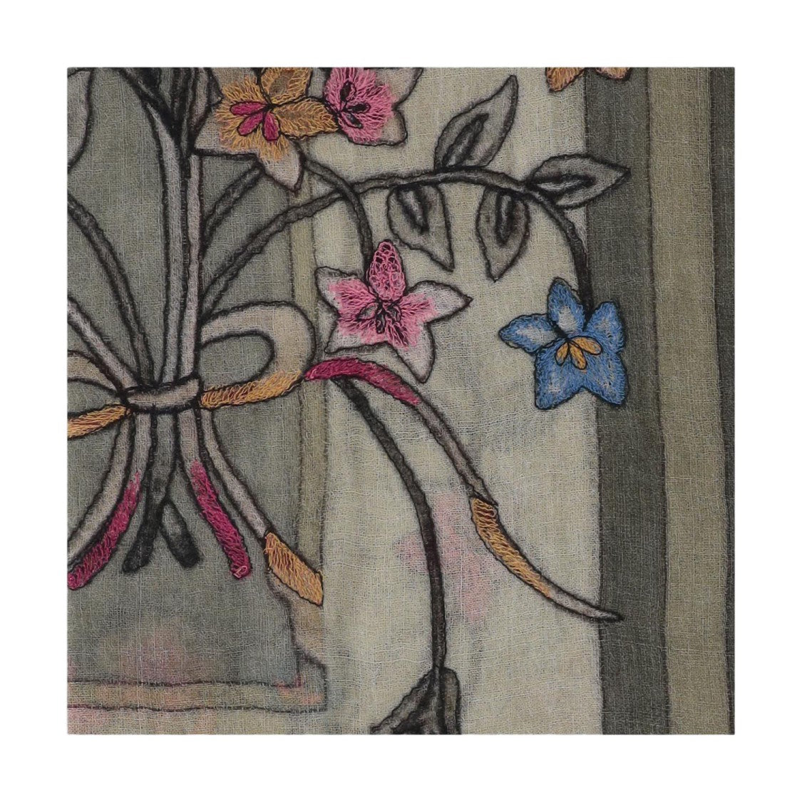 Faliero Sarti Rectangular Wool Scarf With Floral Embroidery And Fringed Edges