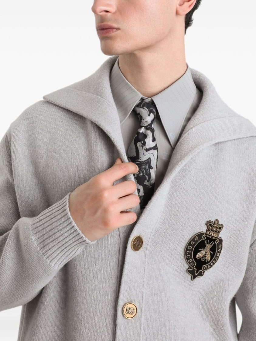 Dolce & Gabbana Light Grey Wide Collar Gold Accent Cardigan