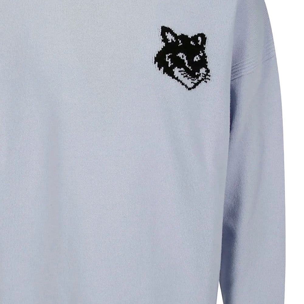 Maison Kitsuné Light Blue Wool Sweater With Classic Crew Neckline And Intricate Embroidery
