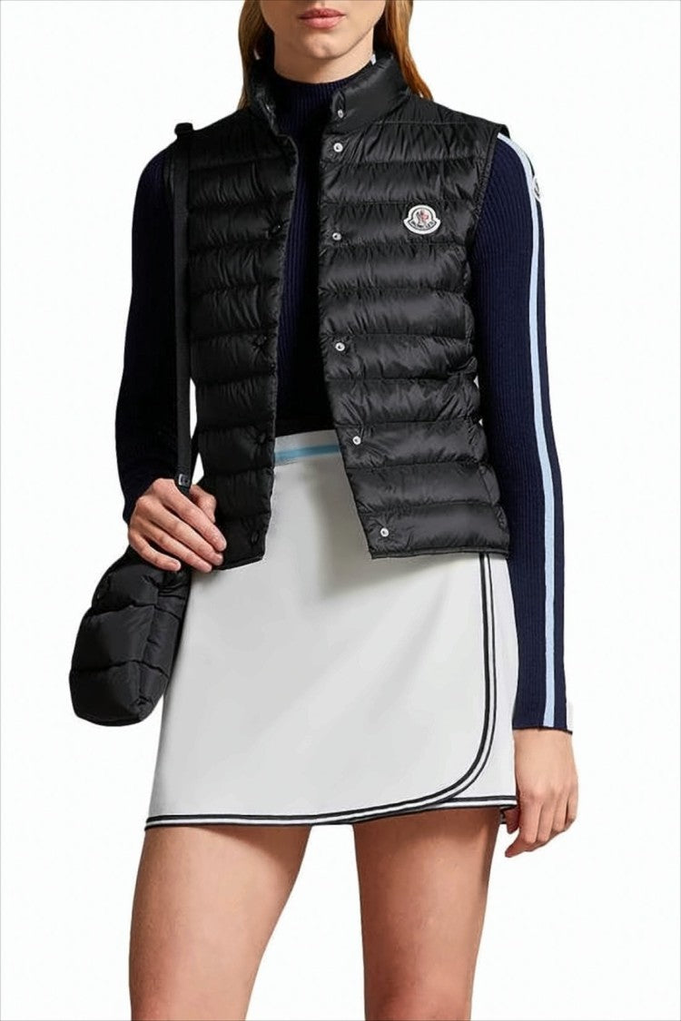 Moncler Quilted Black Vest With High Collar And Logo Patch