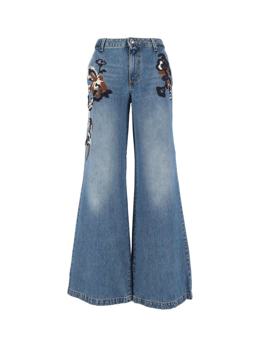 Ermanno Scervino High-Waisted Floral Applique Wide-Leg Jeans
