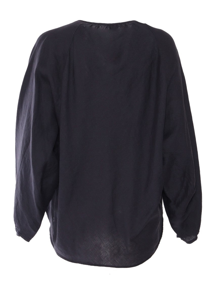Aspesi Relaxed Fit Black Linen Top With Voluminous Sleeves