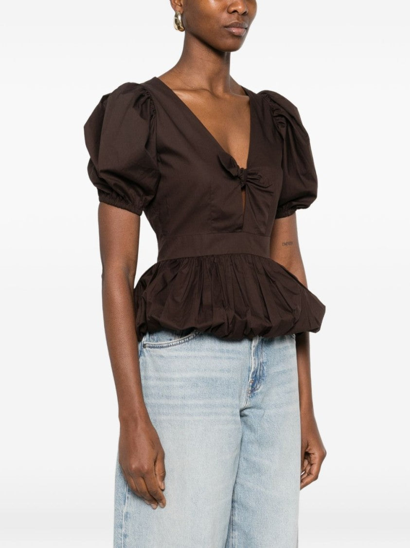 Rotate Deep V-Neck Top With Puff Sleeves And Bow Detail