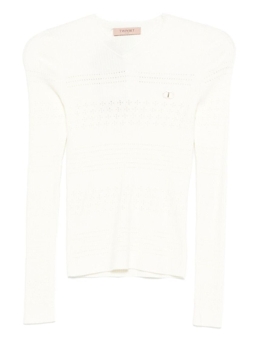 Twin-Set Pointelle-Knit Sweater With V-Neck