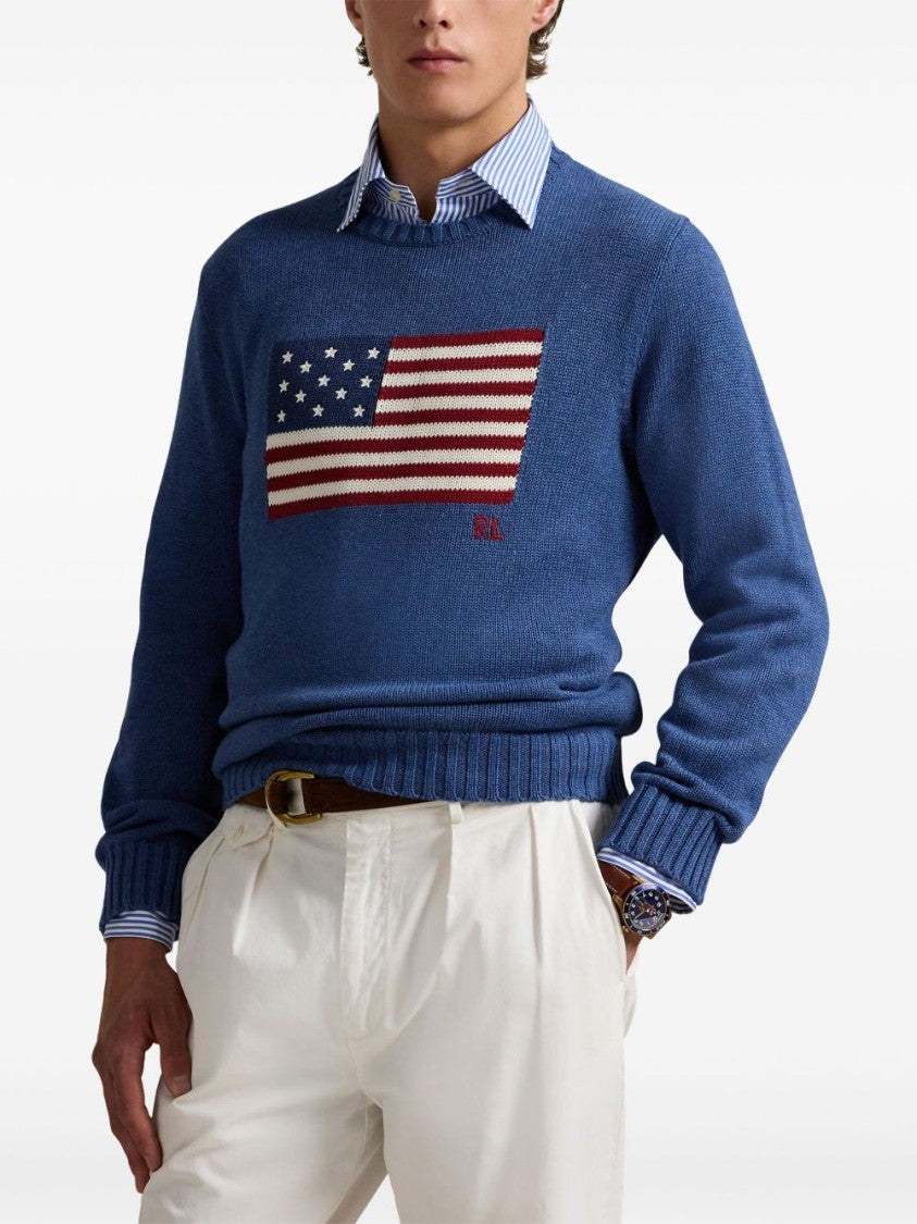 Polo Ralph Lauren Crew Neck Cotton Sweater With American Flag Print