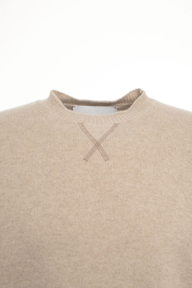 Amaranto Beige Wool Sweater With Round Neckline And Cross-Stitch Detail