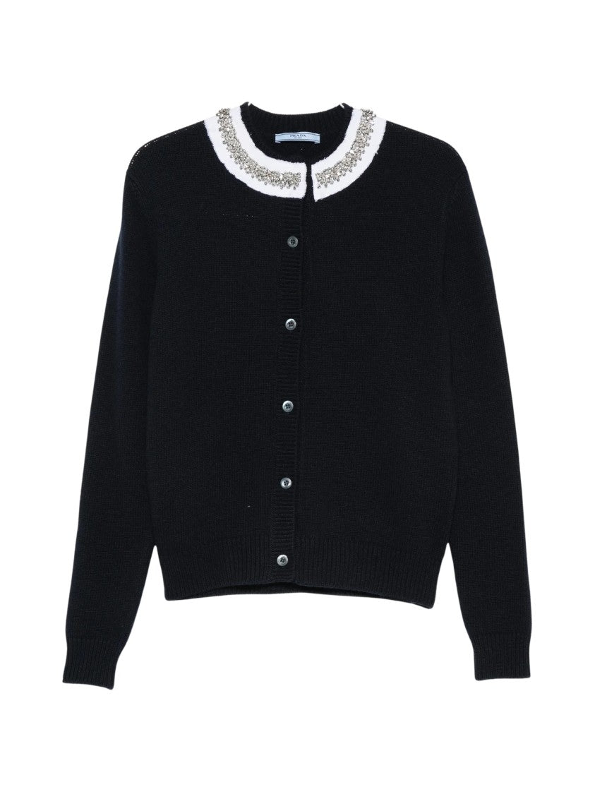 Prada Cropped Button-Up Embellished Collar Cardigan