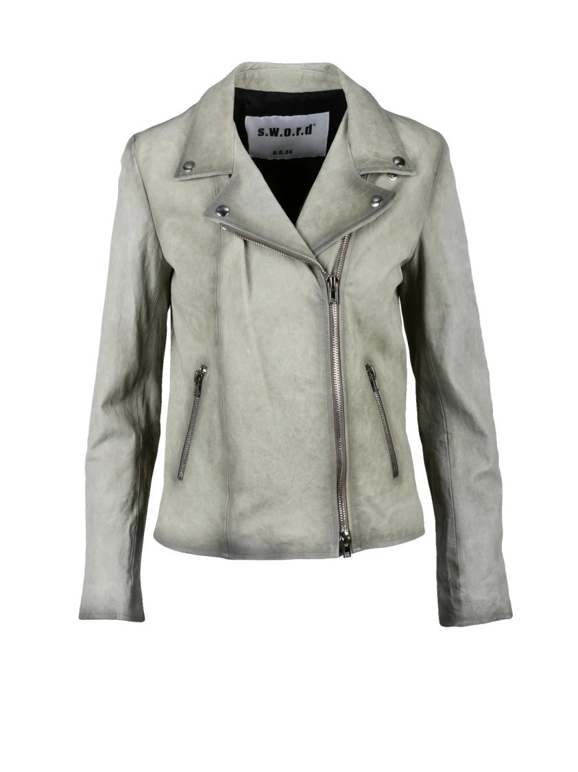 S.W.O.R.D. Beige Leather Asymmetrical Zip Biker Leather Jacket