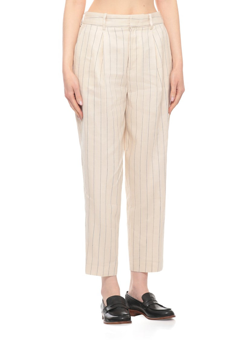 Pt Torino Ivory Striped Linen-Cotton Pants