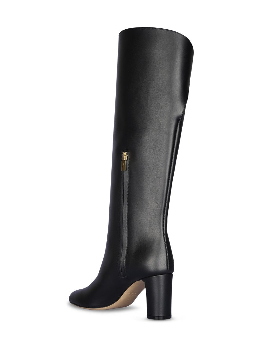 Ferragamo Mid-Calf Leather Boots With Pointed Toe And Gold-Tone Buckle