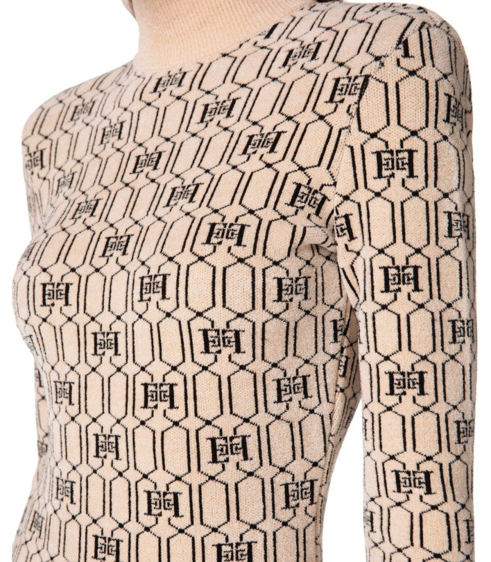 Elisabetta Franchi Champagne Monogram Knitted Dress